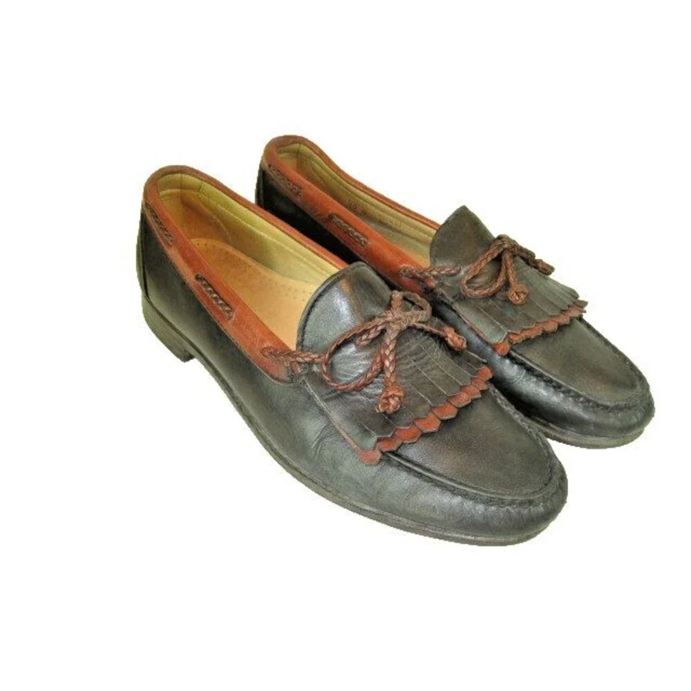 Mens Woodstock 2 Tone Black/Tan Leather Tassel Kilt Casual Loafers sz 10D